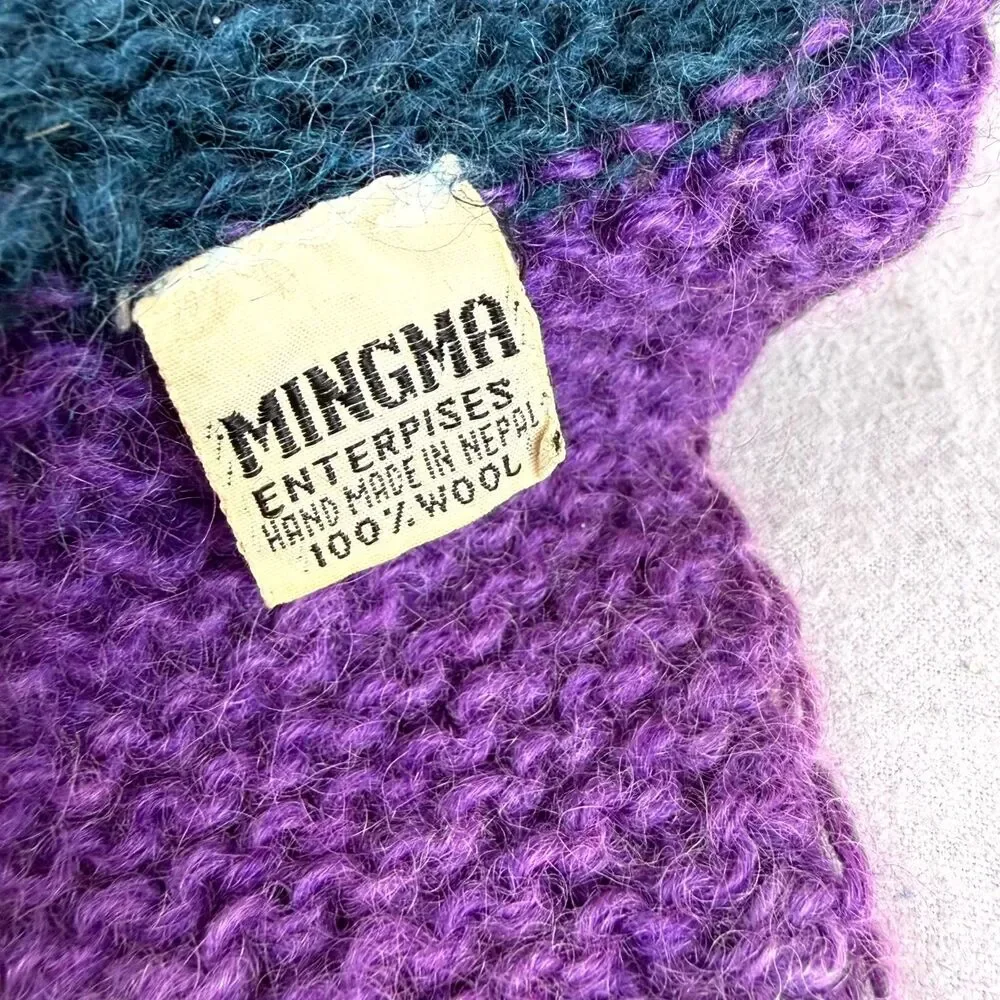 Vtg Mingma Enterprises Nepalese Hat Womens Purple Teal Beanie Boho Wool Earflaps